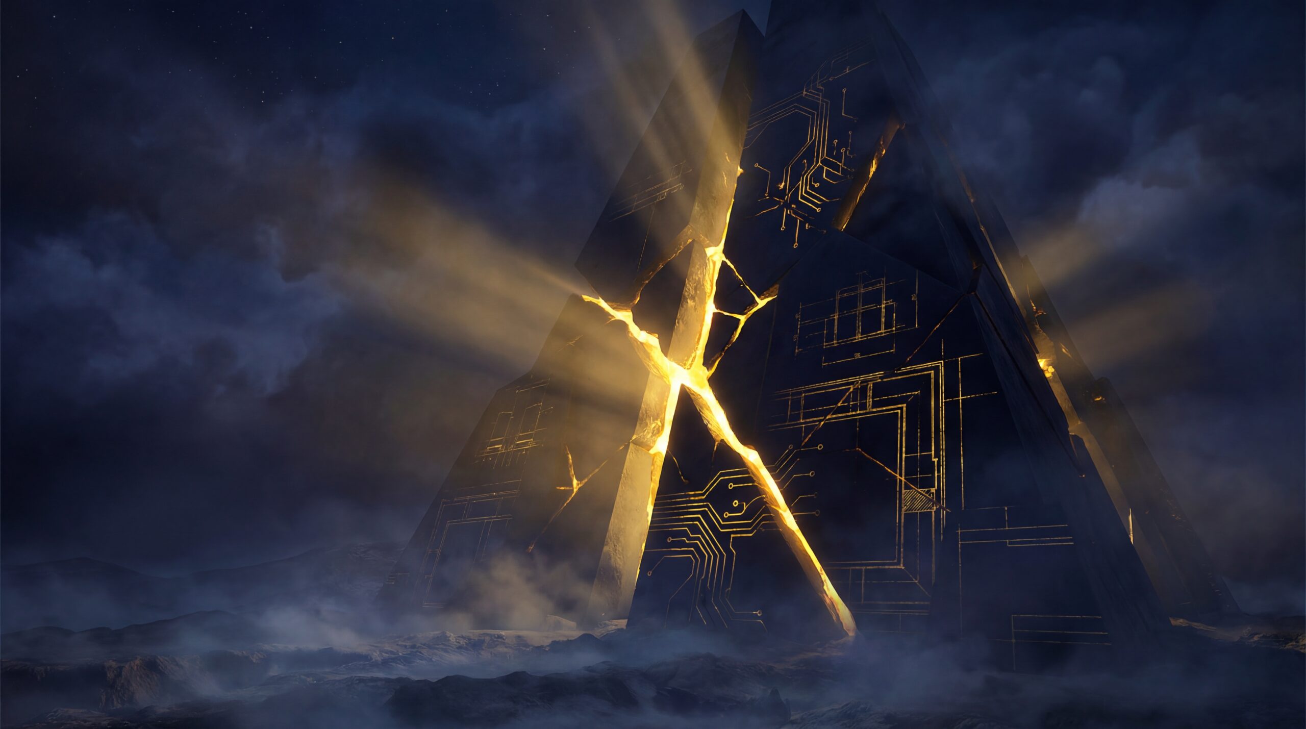 Cracked gold monolith pyramid in stormy desert