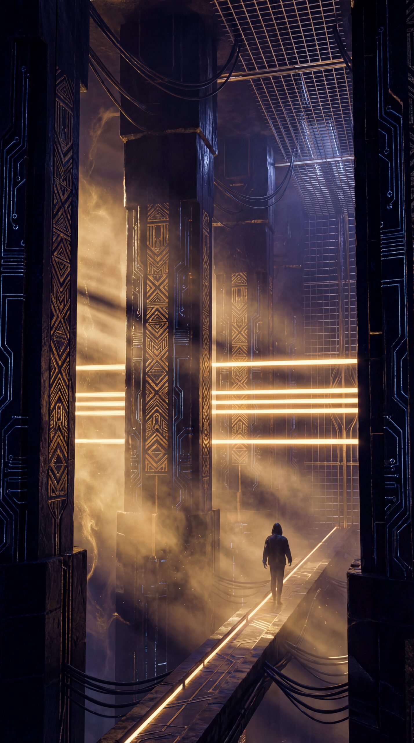 Tall temple-like columns with gold lines and fog