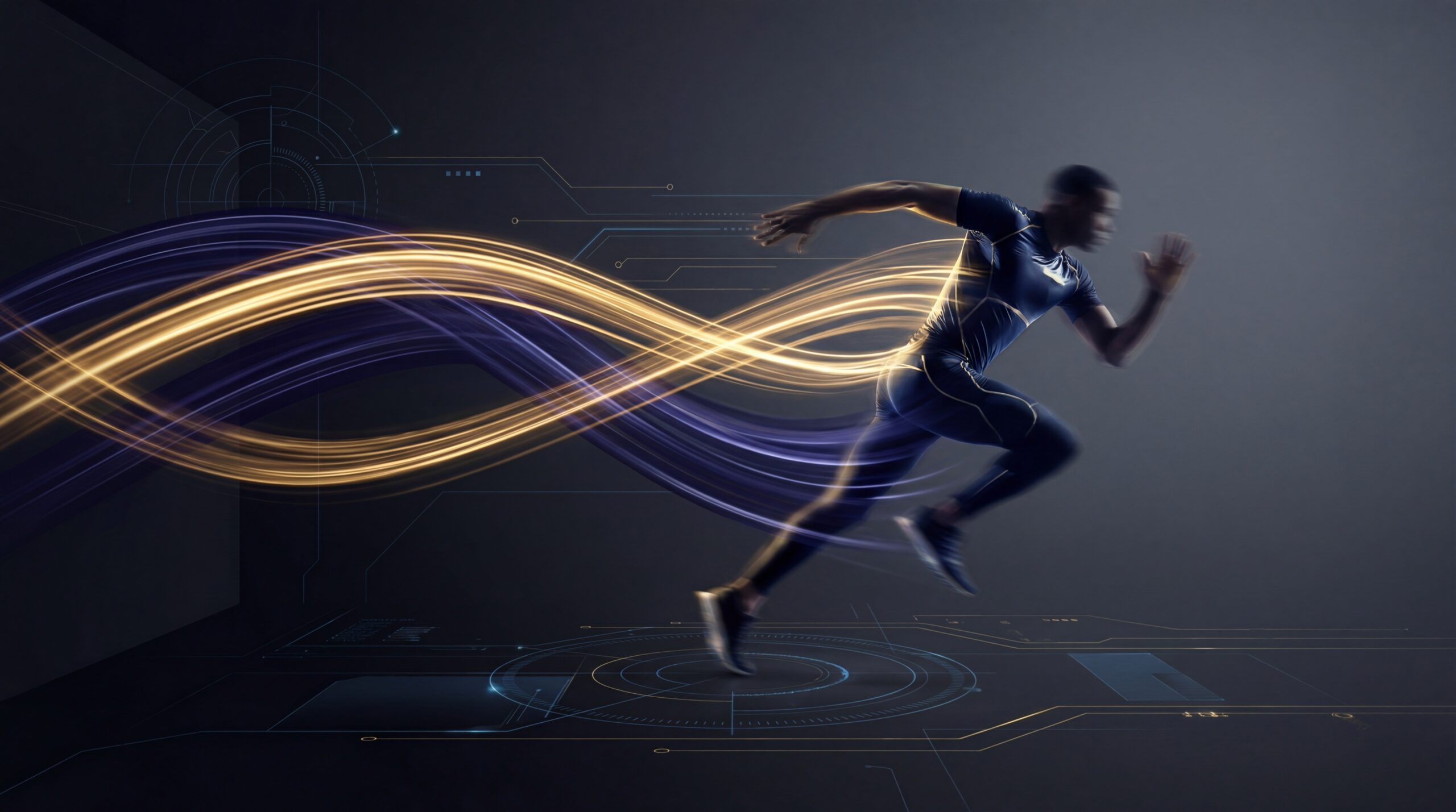 Runner with gold and purple energy ribbon