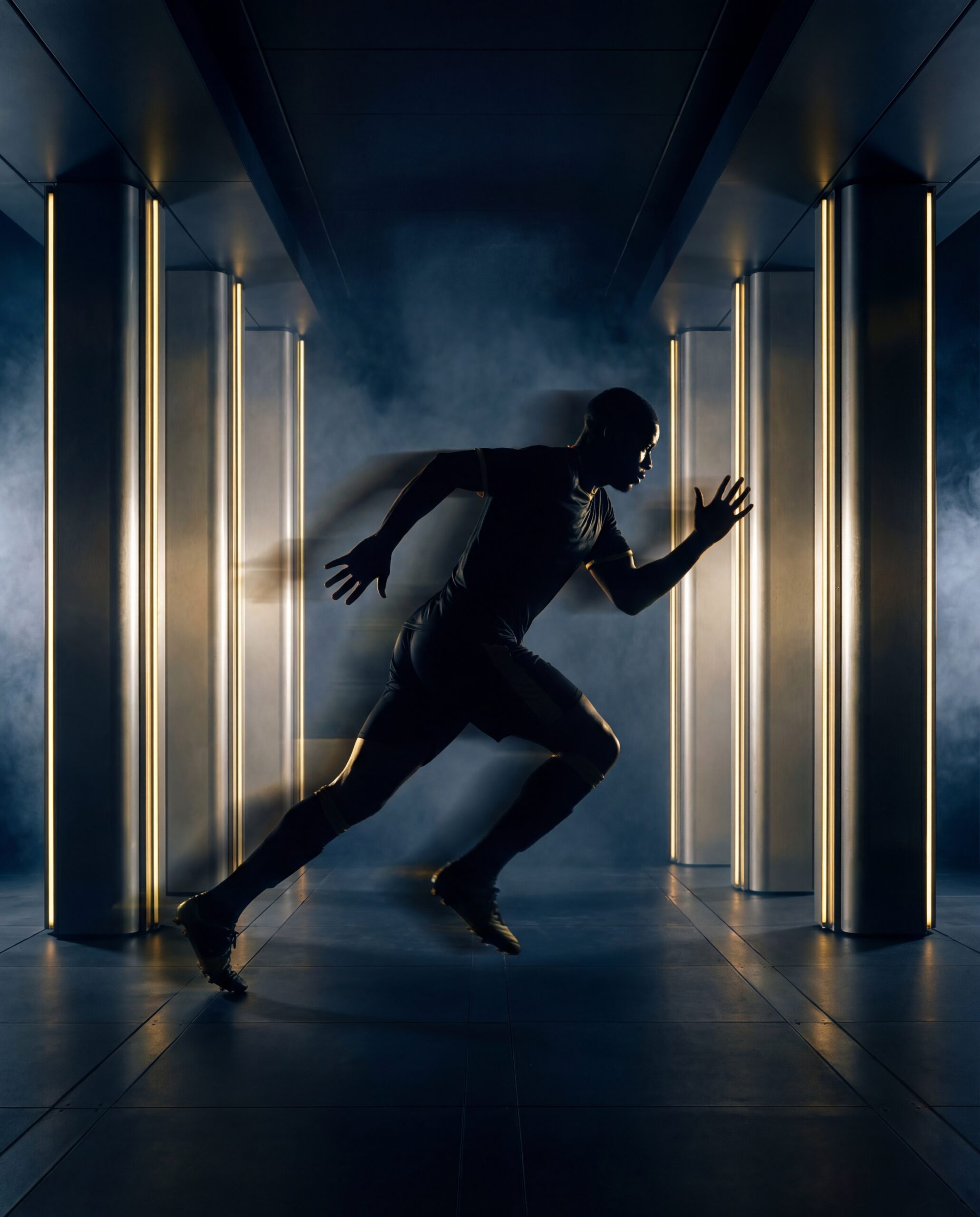 Sprinter running through a gold-lit tunnel