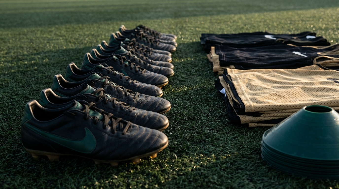 Boots lined up neatly on turf